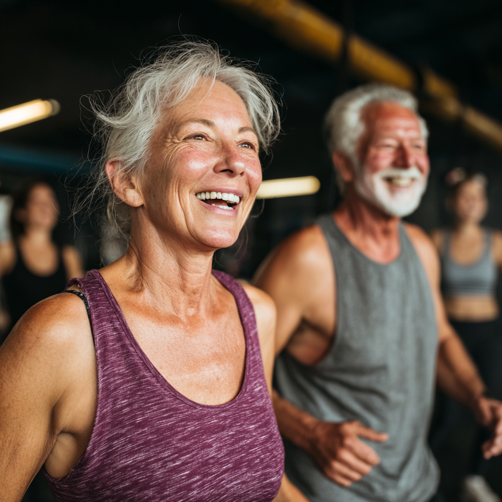 Mature adults celebrating fitness achievement in Corevyntra gym