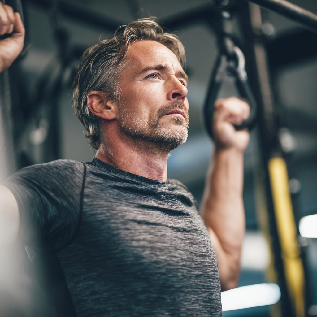 Middle-aged adult doing functional fitness training in modern gym